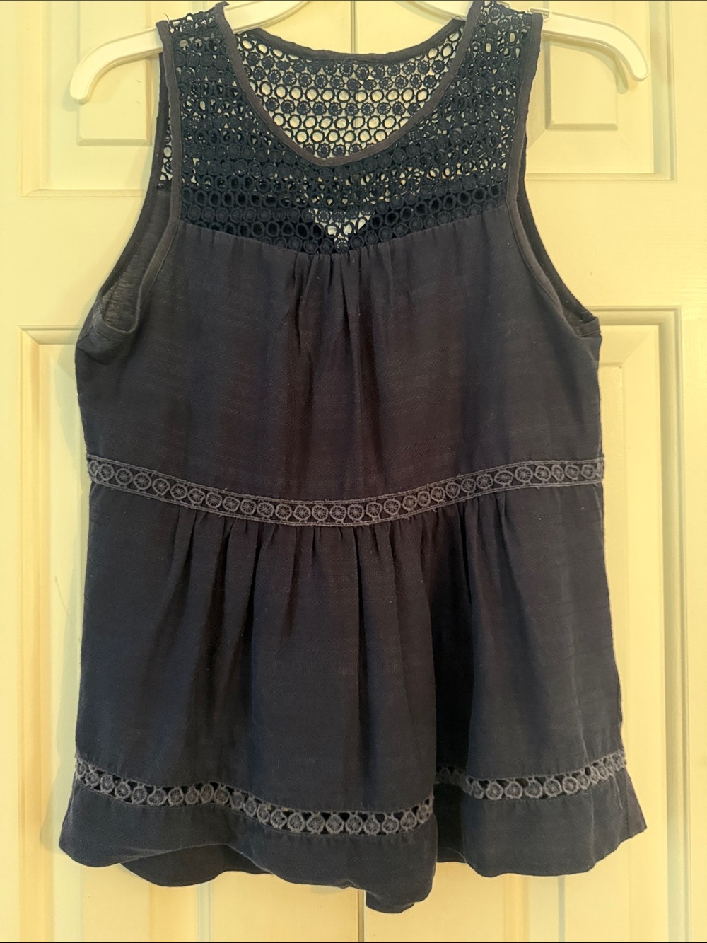 crown & ivy Navy Crochet Yoke Peplum Tank